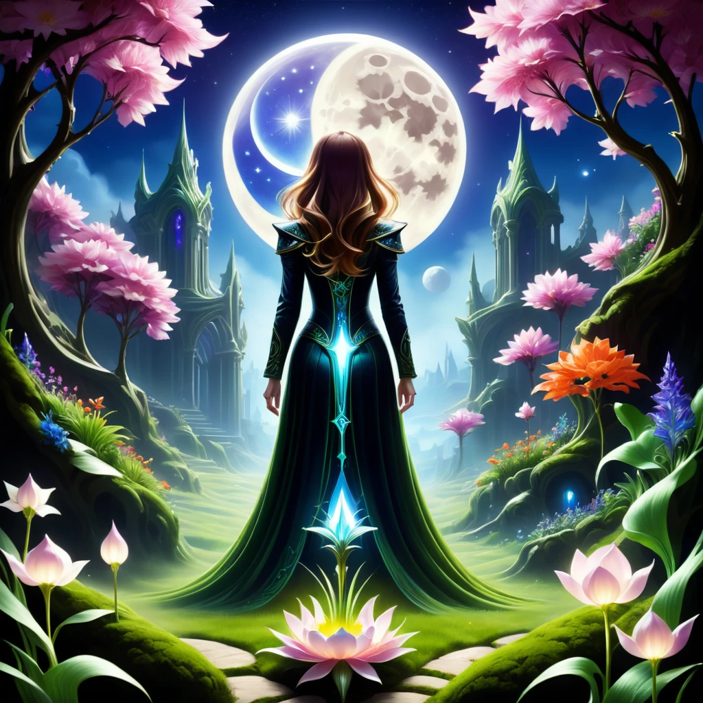 Magical plant ghost flower from the abyss,Image of an enchanted witch encountering an alien life form, Illuminated by bioluminescent plants, Very detailed, Ultra-realistic, 10K high resolution, gouache style, Doodle Art, Grass Lawn, Art Nouveau influence, chest, and future, The Art of Moon Crypto Awesome,
