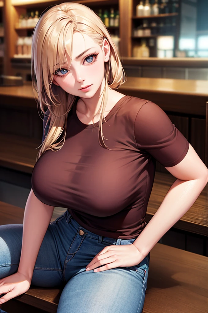8K, Highest quality, Realistic photos, Realistic details, Clear Face, Delicate facial features, Real Skin Glow, pretty girl, shy, To the camera, A girl sitting at a bar wearing a grey fishnet sweater and tight jeans, Clear Bar Background, Ocean view, Arms on the bar counter, Hip, The body is slim, Big Breasts, 24-years-old, Charm, Captivating eyes