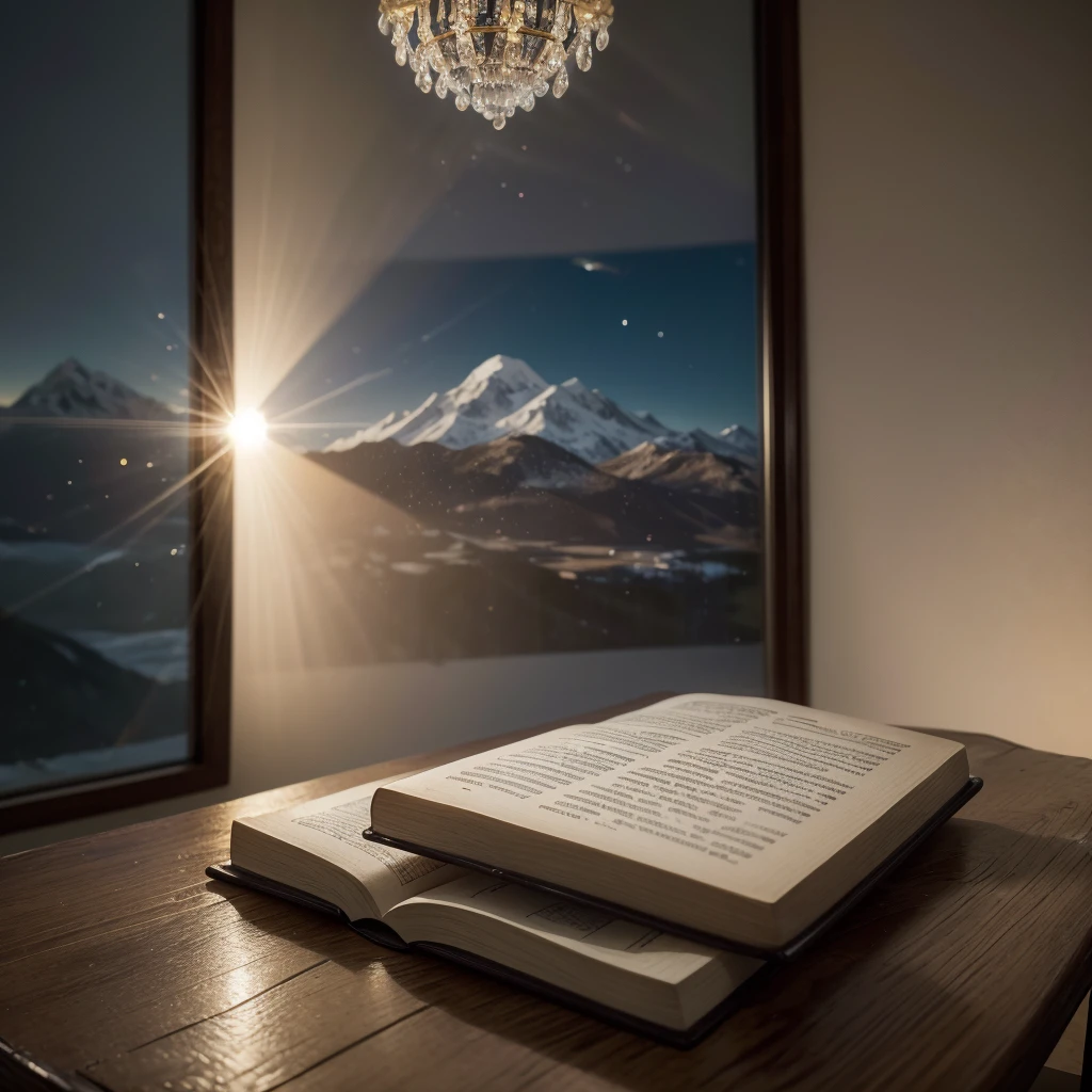 glass of water next to a bible ready for a prayer on a table indoors. a beautiful image illuminated with a burst of light and silver particles that fall like a celestial glow
((masterpiece)), ((best quality)), ((detailed)), Astounding, (Phenomenal), Extraordinary, Landscape, Mountain, Range, Summit, Photograph, Picture, Snapshot, Back light, Highlight hair, Accentuate hair, shot with {Sony A7R IV with Sony FE 85mm f-1.4 GM}, Shallow depth of field
