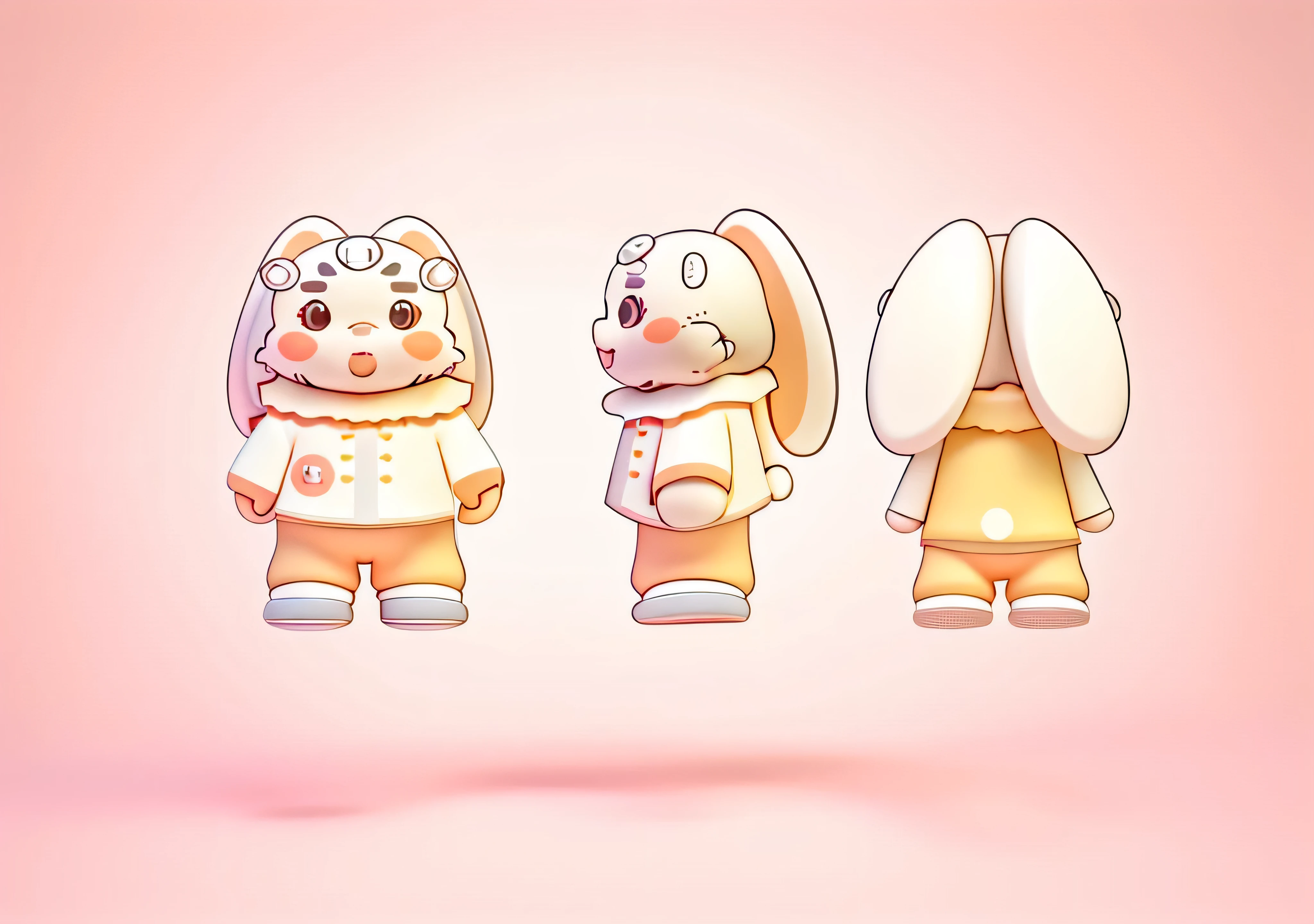 A cute rabbit,Wearing clothes similar to those of Little Chef,personification,cute,Three View,Respectively, the positive side,side,back,3D model,Limb coordination