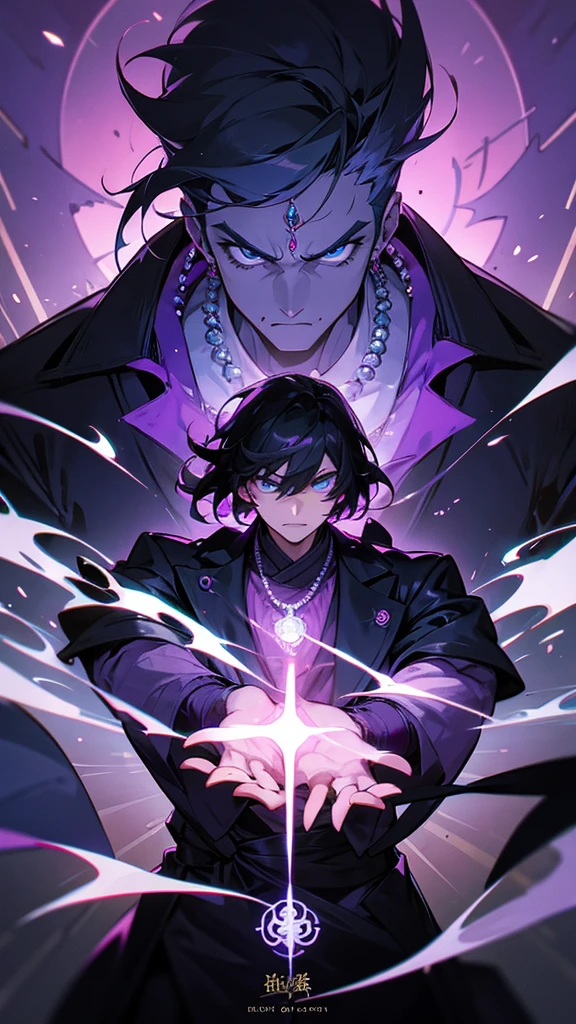 A tall, white muscular man with short, black hair and purple shade sunglasses stands confidently. He is wearing a stylish, dark jacket with intricate purple patterns over a light blue shirt. He has a serious expression and a necklace with a pendant. Behind him is a traditional japanese torii gate on purple flames, giving off an aura of dark power. The background is a mix of mystical and futuristic elements, with glowing symbols and advanced technology intertwined, high detailed, 8K, masterpiece.