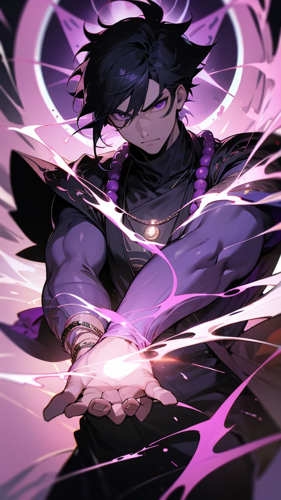 A tall, white muscular man with short, black hair and purple shade sunglasses stands confidently. He is wearing a stylish, dark jacket with intricate purple patterns over a light blue shirt. He has a serious expression and a necklace with a pendant. Behind him is a traditional japanese torii gate on purple flames, giving off an aura of dark power. The background is a mix of mystical and futuristic elements, with glowing symbols and advanced technology intertwined, high detailed, 8K, masterpiece.