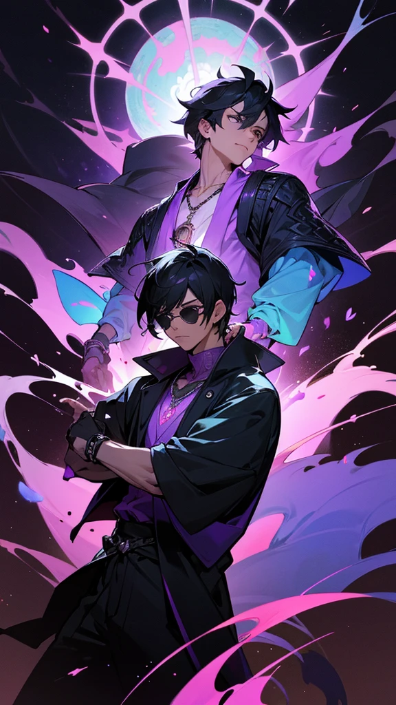 A tall, white muscular man with short, black hair and purple shade sunglasses stands confidently. He is wearing a stylish, dark jacket with intricate purple patterns over a light blue shirt. He has a serious expression and a necklace with a pendant. Behind him is a traditional japanese torii gate on purple flames, giving off an aura of dark power. The background is a mix of mystical and futuristic elements, with glowing symbols and advanced technology intertwined, high detailed, 8K, masterpiece.