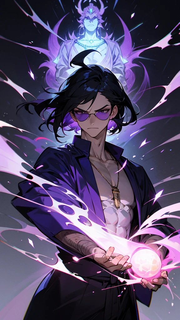 A solemn and enigmatic anti-hero named Sebastian stands tall, in the drawing is shirtless, with his abs exposed, totally shirtless. Shirtless. Abs. Man. Sebastian is all bruised, like he's coming out of a battle. His face is veiled by an ethereal black and purple mist, reminiscent of swirling black and purple flames, revealing a glimpse of the universe within. Her black hair falls effortlessly, framing her intense gaze. The character's body carries numerous scars, a testament to his past battles and hardships. The composition is dynamic, capturing Sebastian in a powerful posture against a backdrop of dark clouds and hunches, symbolizing the turbulent path he travels. His face is like flames of black and purple fire, with the universe projected over that face, as if it were a starry sky.