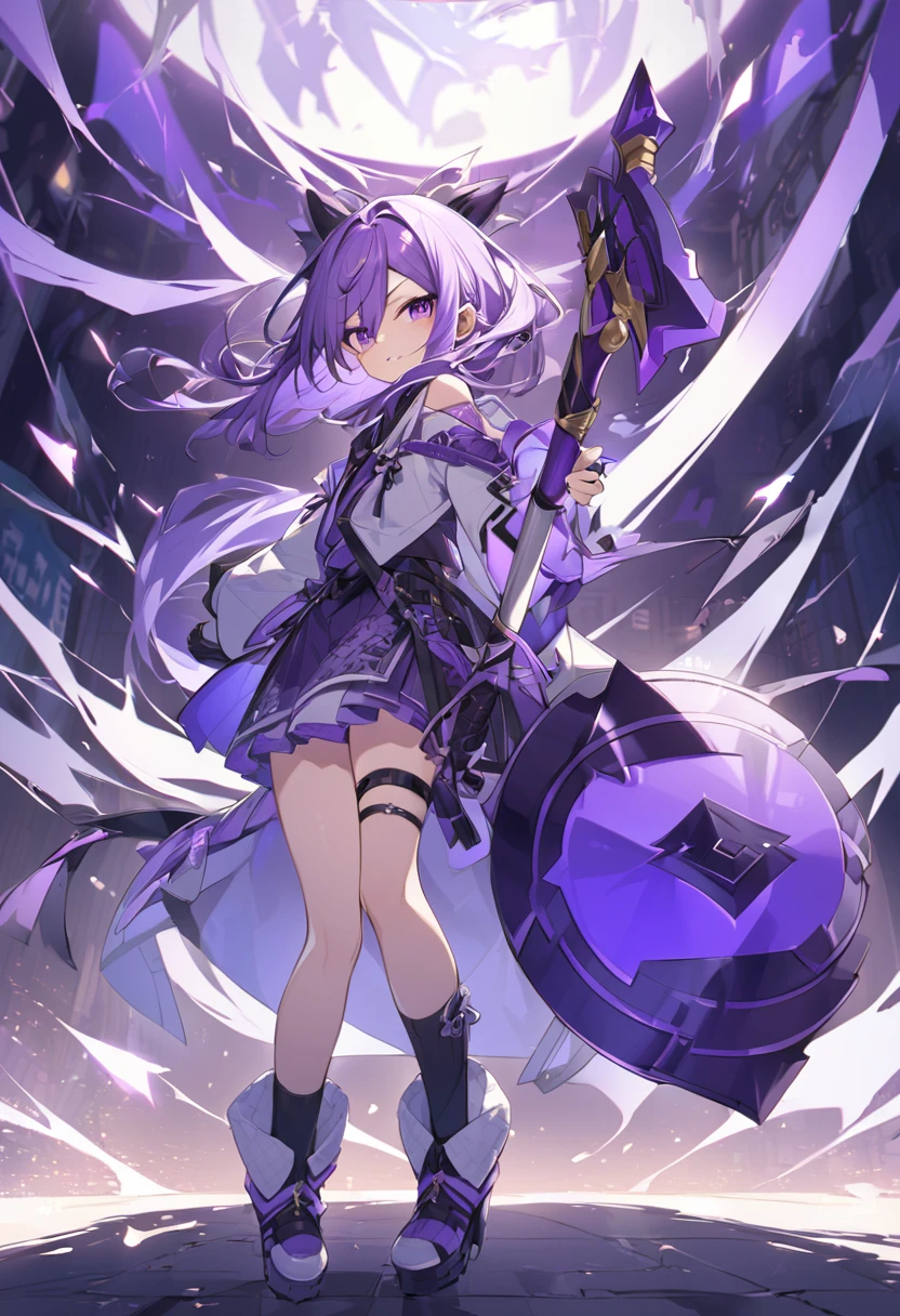 best qualityer，tmasterpiece，Ultimate resolution，downy，Extremely colorful，Colorful，Lady Knight，Royal Sister，Blue-purple armor skirt，Full body set with gemstones，amethyst，huge tit，（Short thin purple hair，High ponytail），Shield set with precious stones，jewelry，Pedras preciosas，Normal posture