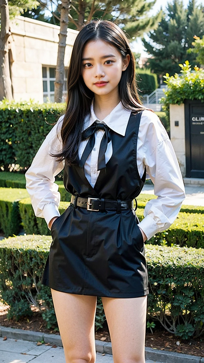 (8K、RAW Photos、Highest quality、masterpiece:1.2)、(Realistic、Realistic)、1 Girl、((mini skirt、black、Thin legs、whole body、boots、blackいコート、one piece、garden、smile、View from the front、Ribbon on chest、Looking into the camera、belt、Stand with hands on hips))、