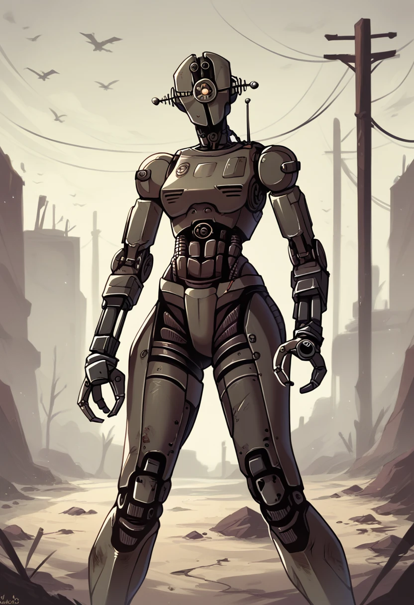 score_9, score_8_up, score_7_up, score_6_up, score_5_up, source_furry, assaultron, fallout, solo, looking at viewer, robot, humanoid robot, robot joints, one-eyed, joints, no humans, dark black skin, mechanical arms, science fiction, post-apocalypse, outside, robotic hand, 3 fingers, black armor