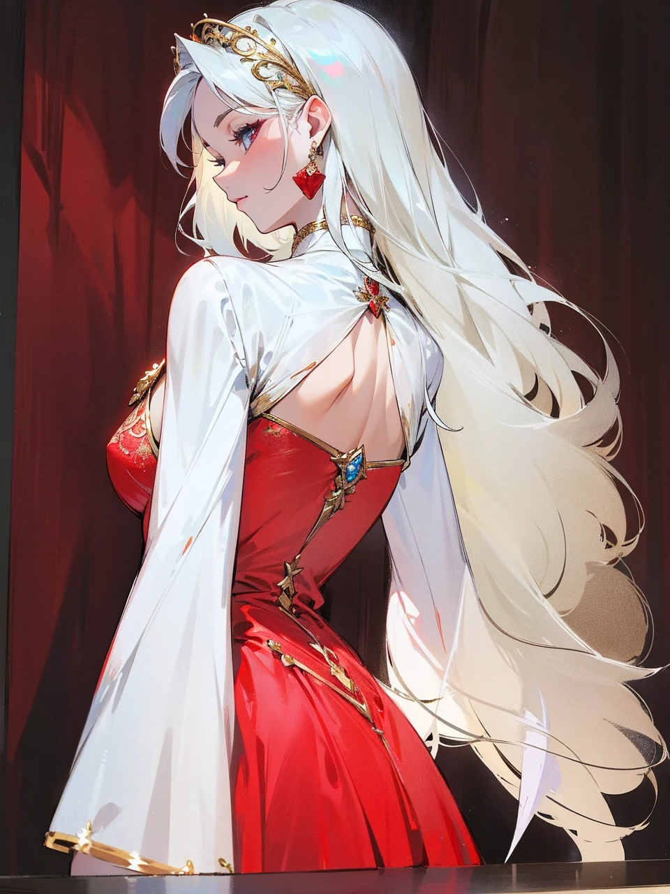 Add in roses to her dress, a good back dress design with some golden jewelry, make her dress into a red and white gown with a hat, give her some unique Jewelry, and make her look somewhat of a demonic angel like appearance to her