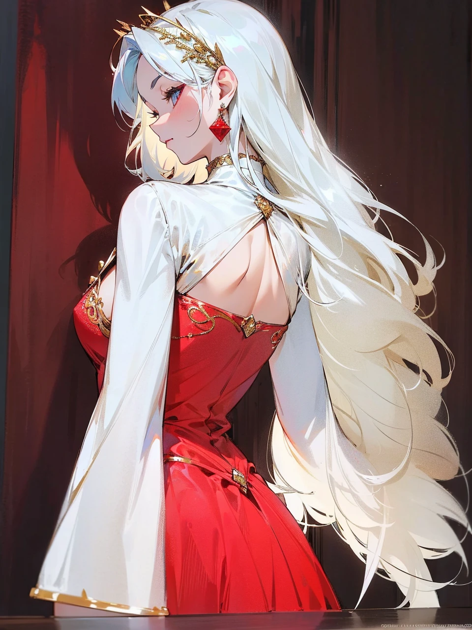 Add in roses to her dress, a good back dress design with some golden jewelry, make her dress into a red and white gown with a hat, give her some unique Jewelry, and make her look somewhat of a demonic angel like appearance to her