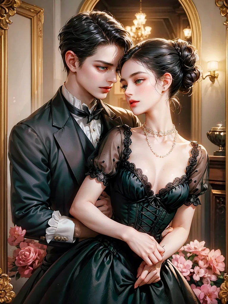 he wears a white Victorian-era shirt.