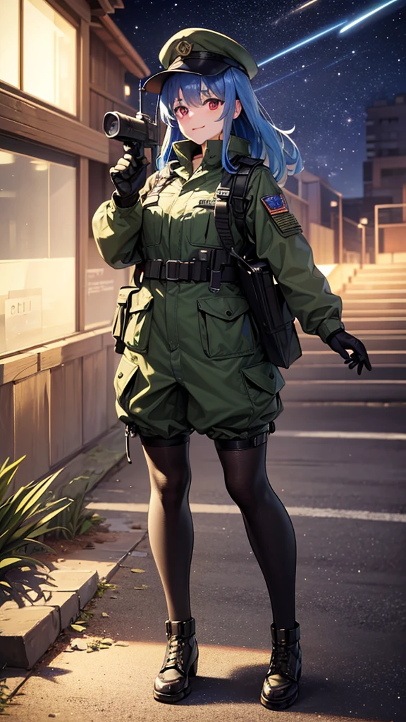 a girl in army-colored military uniform, looking up at the night sky, wearing a hat that matches her outfit, with blue hair and red eyes, smiling, full body, fish-eye lens, many shooting stars, with floating light particles, elemental ambience, low angle, best quality, 4k, 8k, highres, masterpiece:1.2, ultra-detailed, realistic, photorealistic, photo-realistic:1.37, HDR, UHD, studio lighting, ultra-fine painting, sharp focus, physically-based rendering, extreme detail description, professional, vivid colors, bokeh, portrait, concept art