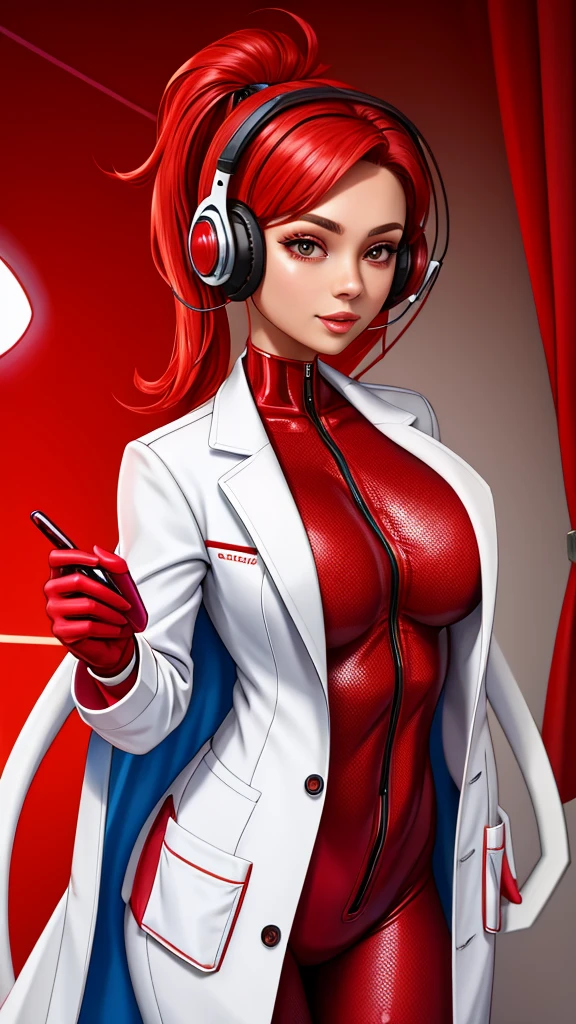 woman in a red mesh bodysuit, labcoat, wireless headset