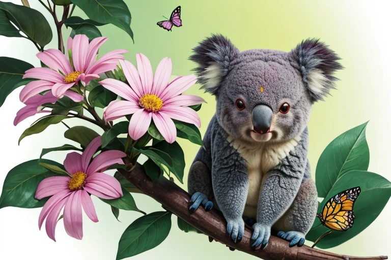 Background flowers, koala combined with butterfly
