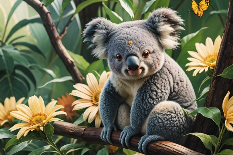 Background flowers, koala combined with butterfly