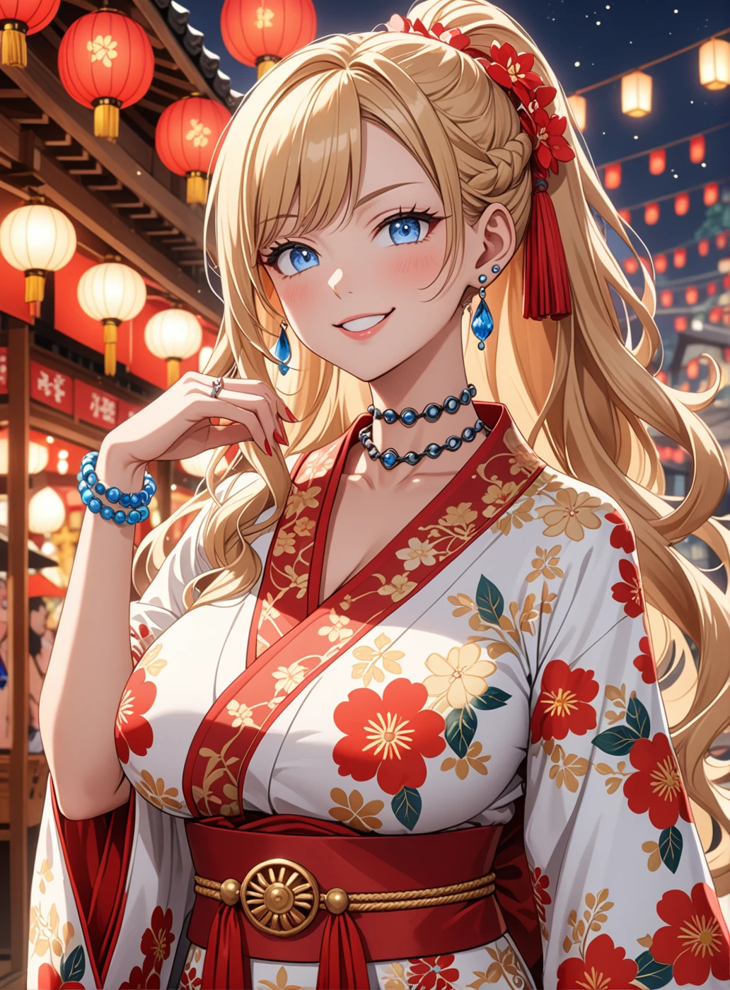 ((one girl)), Beautiful Face, (Laugh shyly), ((smirk:1.3)), ((Wink:1.4)), (Tilt your head:1.3), (Upper teeth), View your viewers, ((Bright red cheeks:1.6)),Glossy Red Lips, ((Big Breasts:1.4)) night, Shrine festival stalls, , (Shining Face), ((Anime style background)),masterpiece, Highest quality, so beautiful,Latest, Complex details, (Pink long nails), (nail art), (ring),(bracelet), (ring helix piercing:1.7), (Floral Choker),AI-generated, Complex,High resolution, Highest quality, super high quality,3D Images、3D Images,One person,Blonde long hair,(High Ponytail), (Wavy Hair), Anime woman posing for a photo, ((fine grain、blue eyes、Shining Eyes:1.4)), (Squint your eyes:1.1),a hyperRealistic , hyperRealistic , Realistic,Long blonde anime woman, Smooth anime CG art, Pink large floral patternの刺繍が入った、Woman in luxurious kimono, ((White long-sleeved kimono)),(Pink large floral pattern) ,Long flower hair ornament,Earrings,Mature Body, expensive,Abdominal muscles,Tight waist,(Zoom in on face:1.5), (front view),