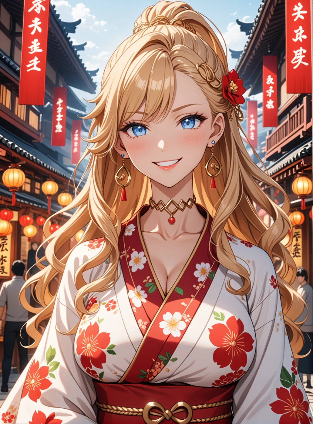 ((one girl)), Beautiful Face, (Laugh shyly), ((smirk:1.3)), ((Wink:1.4)), (Tilt your head:1.3), (Upper teeth), View your viewers, ((Bright red cheeks:1.6)),Glossy Red Lips, ((Big Breasts:1.4)) night, Shrine festival stalls, , (Shining Face), ((Anime style background)),masterpiece, Highest quality, so beautiful,Latest, Complex details, (Pink long nails), (nail art), (ring),(bracelet), (ring helix piercing:1.7), (Floral Choker),AI-generated, Complex,High resolution, Highest quality, super high quality,3D Images、3D Images,One person,Blonde long hair,(High Ponytail), (Wavy Hair), Anime woman posing for a photo, ((fine grain、blue eyes、Shining Eyes:1.4)), (Squint your eyes:1.1),a hyperRealistic , hyperRealistic , Realistic,Long blonde anime woman, Smooth anime CG art, Pink large floral patternの刺繍が入った、Woman in luxurious kimono, ((White long-sleeved kimono)),(Pink large floral pattern) ,Long flower hair ornament,Earrings,Mature Body, expensive,Abdominal muscles,Tight waist,(Zoom in on face:1.5), (front view),