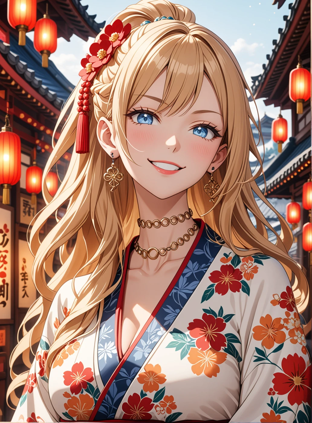 ((One personの女性)), Beautiful Face, (Laughing embarrassedly), ((smirk:1.3)), ((Wink:1.1)), (head tilt:1.3), Laugh with your mouth wide open, (upper teeth), looking at viewer, ((Bright red cheeks:1.6)),Glossy Red Lips, ((Big Breasts:1.4)) night, Shrine festival stalls, , (Shining Face), ((Anime style background)),masterpiece, Highest quality, so beautiful,up to date, Complex details, (Pink long nails), (nail art), (ring),(bracelet), (helix piercing:1.7), (Floral choker),AI-generated, Complex,High resolution, Highest quality, super high quality,3D Images、3D Images,One person,Blonde long hair,(High Ponytail), (wavy hair), Anime woman posing for a photo, ((Fine grain、blue eyes、Shining Eyes:1.4)), (Squint your eyes:1.1),a hyperRealistic , hyperRealistic , Realistic,Long and blonde anime woman, Smooth anime CG art, Pink large floral patternの刺繍が入った、Woman in luxurious kimono, ((White long sleeve kimono)),(Pink large floral pattern) ,Long flower hair ornament,Earrings,Mature Body, Tall,Abdominal muscles,Tight waist, ((making a peace sign)),(face focus:1.3), (front view),