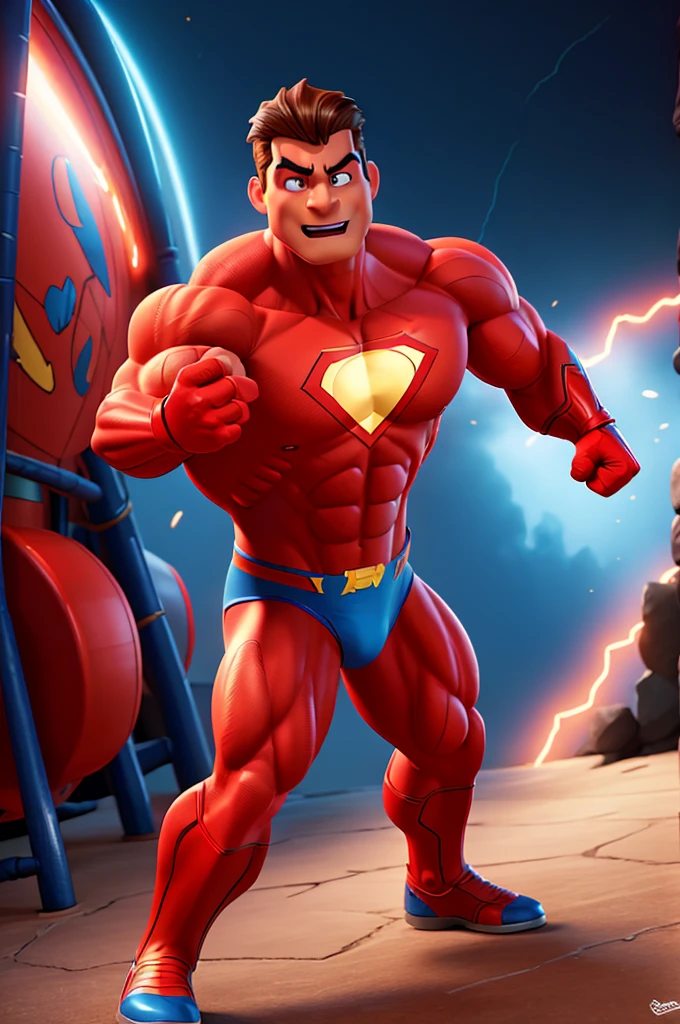 a muscular superhero in a red and blue costume,web-slinging,dynamic poses,cartoon style,comic book art,highly detailed,vibrant colors,dramatic lighting,cinematic composition,superhero action,marvel comics