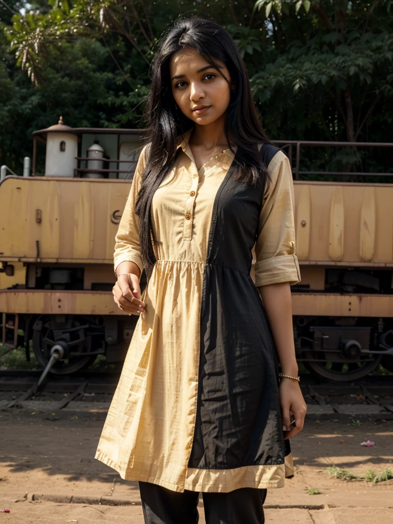 A indian gril black hair drees kurta sunrise time at darjiling toy train
