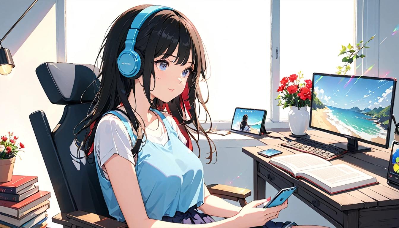 (Absurd:1.1, High resolution:1.1, 超detailed:1.1), 非常にdetailedな, 超detailed hair, (Fine grain:1.4), (Shining Eyes:1.3), thin, cute, Perfectly symmetrical face, narr○w waist, 超cute girl, 超cute face, 超cute, Super beautiful, Beautiful colors, merry (Yanmar gauge),From wlop,((Great quality)), (Beautiful breasts),Shorts, Sitting, smartphone, Upper body rest (Beautiful colors,detailed,Highest quality,Great quality,so beautiful), Book, Headphones, smartphone, computer, Tank top, Jersey, Chair, Lighting and Shadows(perspective), Lighting particles, colorful, masterpiece, Stylish room,