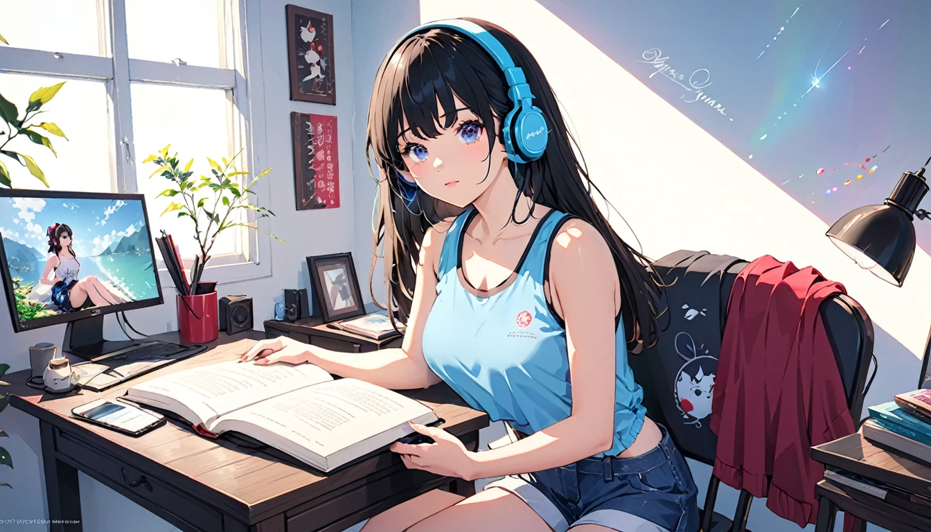 (extremely detailed CG unity 8k wallpaper), (best quality), (best illustration), (best shadow), realistic lighting, beautiful detailed reglow, masterpiece, best quality, lofi artstyle, lofi art, 80s anime style, Retro, Lo-Fi, Lofi Sensation, Portrait of Lofi, Lofi Colors, Lofi Vibes , Lofi atmosphere, Lofi hip hop, 1girl, solo, long hair, shirt, black hair, sitting, white shirt, short sleeves, shorts, indoors, hair bun, book, window, night, single hair bun, plant, t-shirt, building, rain, city, open book, bookshelf, potted plant, cityscape, book stack, without cable headphones, red headphones