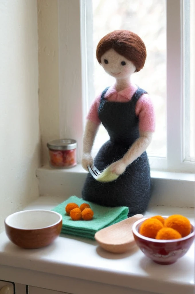Wool Felt doll, Felt, wool Felt, , A detailed depiction of a mother preparing a meal in the kitchen, Window Sunny day, Happy, smile,breather,break