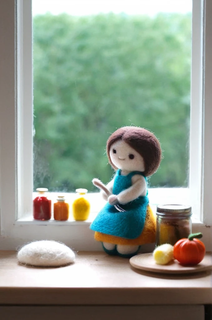 Wool Felt doll, Felt, wool Felt, , A detailed depiction of a mother preparing a meal in the kitchen, Window Sunny day, Happy, smile,breather,break