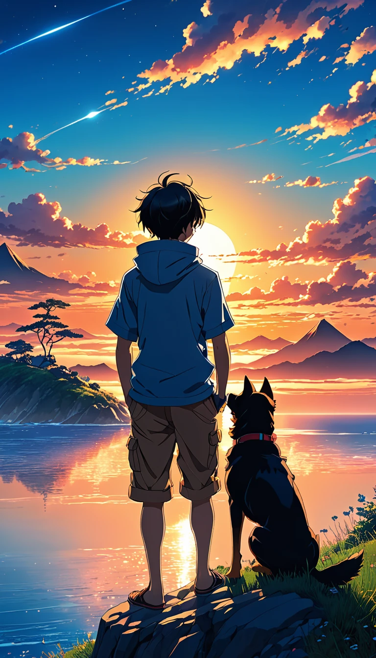 high quality, 8K Ultra HD, great detail, masterpiece, an anime style digital illustration, anime landscape of a boy with his dog sitting on a hill, blue sky, looking at a hellish sunset, ocean nature anime wallpapers with a serene sky, anime beautiful scene, beautiful anime peace scene, Makoto Shinkai Cyril Rolando, beautiful anime scene, amazing wallpaper, 8k anime art wallpaper, anime background, art anime background, background anime wallpaper 4k, anime art wallpaper 4k, 4k