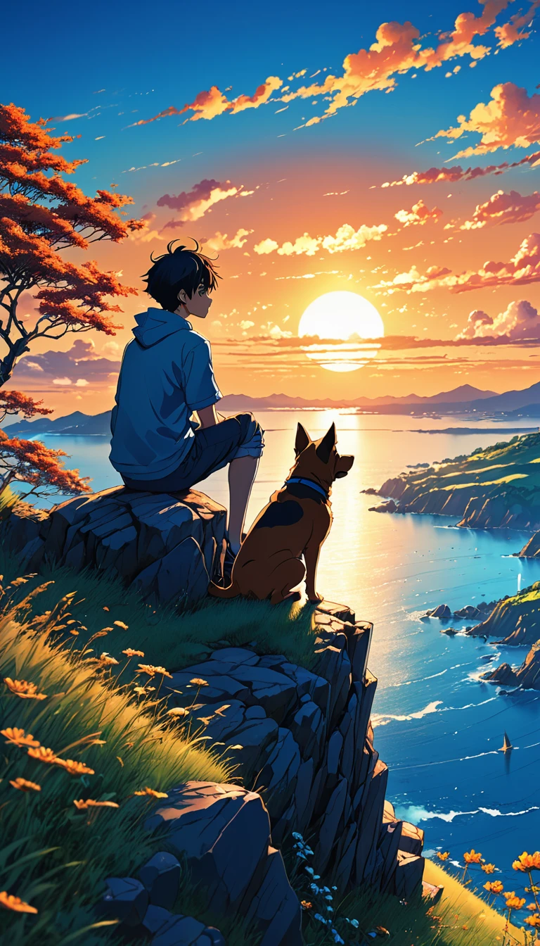 high quality, 8K Ultra HD, great detail, masterpiece, an anime style digital illustration, anime landscape of a boy with his dog sitting on a hill, blue sky, looking at a hellish sunset, ocean nature anime wallpapers with a serene sky, anime beautiful scene, beautiful anime peace scene, Makoto Shinkai Cyril Rolando, beautiful anime scene, amazing wallpaper, 8k anime art wallpaper, anime background, art anime background, background anime wallpaper 4k, anime art wallpaper 4k, 4k