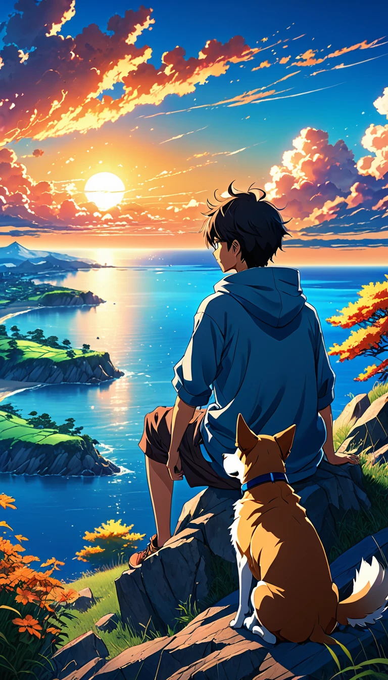 high quality, 8K Ultra HD, great detail, masterpiece, an anime style digital illustration, anime landscape of a boy with his dog sitting on a hill, blue sky, looking at a hellish sunset, ocean nature anime wallpapers with a serene sky, anime beautiful scene, beautiful anime peace scene, Makoto Shinkai Cyril Rolando, beautiful anime scene, amazing wallpaper, 8k anime art wallpaper, anime background, art anime background, background anime wallpaper 4k, anime art wallpaper 4k, 4k