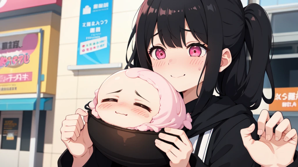 One girl,Black Hair,Pink eyes,(blush:1.1)、Embarrassed face、 ((Heavy breathing:1.3)), like,  smile、Big Breasts、whole body,I'm eating ice cream