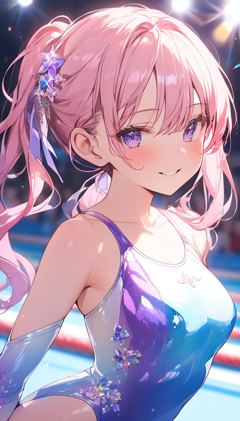 highquality illustration, masterpiece, very delicate and beautiful, attractive girl,(gymnastics leotard, Floral patterns leotard,long sleeve leotard with glittery decoration,high_leg leotard,athletic leotard,tight-fit leotard,iridescent gradient leotard,long-sleeve leotard),thin,slender body,slim,high school,gymnasium background,gymnastics club,gymnastics athlete,princess, beautiful eyes,light smile,(masterpiece, best quality:1.2), highres, extremely detailed CG unity 8k wallpaper, perfect lighting, Colourful, ultra-high res,4K,ultra-detailed, photography, 8K, HDR, 17 ages,