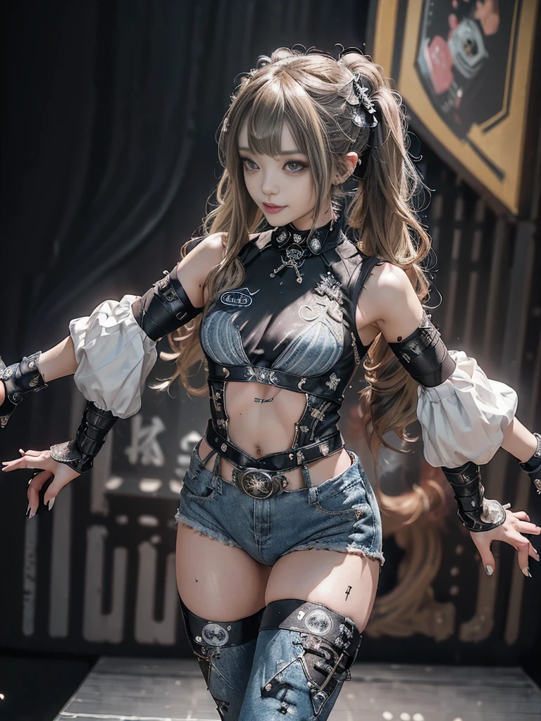 (Full Body View:1.4)、(Side view:1.1)、(Smiling with teeth showing:1.3),(Shibuya Gal:1.5)、(Gothic ta style fashion:1.5)、(Punk RockVisual Kei:1.5)、(Wearing a rhythmic gymnastics bodysuit with intricate details:1.4)、(Racing suit and pants with intricate decorations in white, denim and charcoal:1.5)、(Denim and light blue and white boots:1.3)、((belt))、(Numerous delicate logo marks all over the costume:1.4)、(collar:1.3)、(Striped underwear:1.5)、20-year-old、NSFW、((Highest quality、In 8K、masterpiece:1.3))、Sharp focus:1.2、(Layered Cut、Huge boobs:1.1),Beautiful woman with perfect figure:1.4、(Dancing vigorously:1.3)、Slender Abs:1.2、Highly detailed face and skin texture、Detailed eyes、double eyelid,(Twin tails:1.3)、(Brown-golden hair:1.3)、Gravure idol、(The background is the stage of the fashion show:1.3)、(Slim body:1.3),(Make your legs thinner:1.4),(clavicle:1.1)、(Thin and slim thighs:1.3)