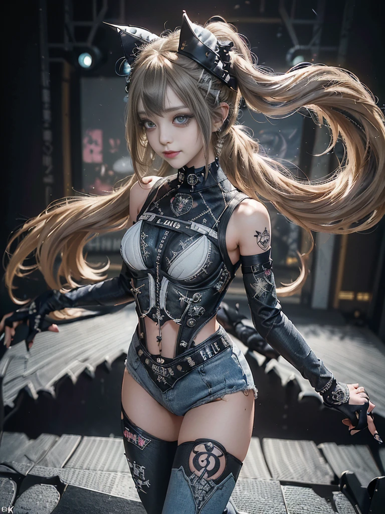 (Full Body View:1.4)、(Side view:1.1)、(Smiling with teeth showing:1.3),(Shibuya Gal:1.5)、(Gothic Lolita style fashion:1.5)、(Punk RockVisual Kei:1.5)、(Wearing a rhythmic gymnastics bodysuit with intricate details:1.4)、(Racing suit and pants with intricate decorations in white, denim and charcoal:1.5)、(Denim and light blue and white boots:1.3)、((belt))、(Numerous delicate logo marks all over the costume:1.4)、(collar:1.3)、(Striped underwear:1.5)、20-year-old、NSFW、((Highest quality、In 8K、masterpiece:1.3))、Sharp focus:1.2、(Layered Cut、Huge boobs:1.1),Beautiful woman with perfect figure:1.4、(Dancing vigorously:1.3)、Slender Abs:1.2、Highly detailed face and skin texture、Detailed eyes、double eyelid,(Twin tails:1.3)、(Brown-golden hair:1.3)、Gravure idol、(The background is the stage of the fashion show:1.3)、(Slim body:1.3),(Make your legs thinner:1.4),(clavicle:1.1)、(Thin and slim thighs:1.3)