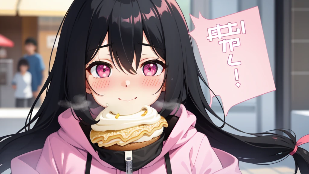 One girl,Black Hair,Pink eyes,(blush:1.1)、Embarrassed face、 ((Heavy breathing:1.3)), like,  smile、Big Breasts、whole body,I'm eating ice cream,Sexy pose