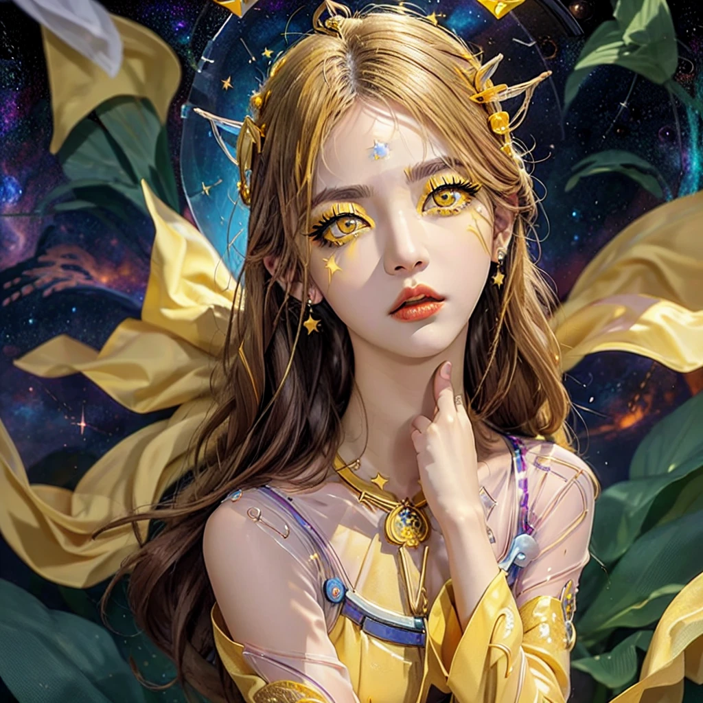 1 27-year-old girl, 1 zodiac goddess from the future, goddess of the pink and purple 12 zodiacs, the goddess of the zodiac in a yellow ao dai, a 12 zodiac ao dai with many black lace detail, mythology Goddess of the 12 zodiacs from the future, zodiac ♏, luxurious glittering zodiac style, dark and mysterious version, zodiac crown, lipstick lips red, thin and beautiful lips, mouth closed, characters made by karol bak and pino daeni, intricate detail, detailed background, extremely detailed, light magic, a woman, clear face, hair long with bangs, beautiful face in detail and well-proportioned eyes, (transparent yellow eyes: 1.8), big round eyes and very beautiful and detailed makeup, foresight, silk dress, mysterious makeup , double bangs and dyed light blonde , upper half portrait, zodiac goddess portrait, arms hanging loosely, Realistic and vivid photo, (stars make up the zodiac: 1.7), (sky background zodiac and fictitious space and time portal: 1.8), fiction art, RAW photo, hanfu picture, best photo, best photo quality, 8k quality, 8k ultra, super realistic, real photo most economical, the goddess poses sexy and seductive,