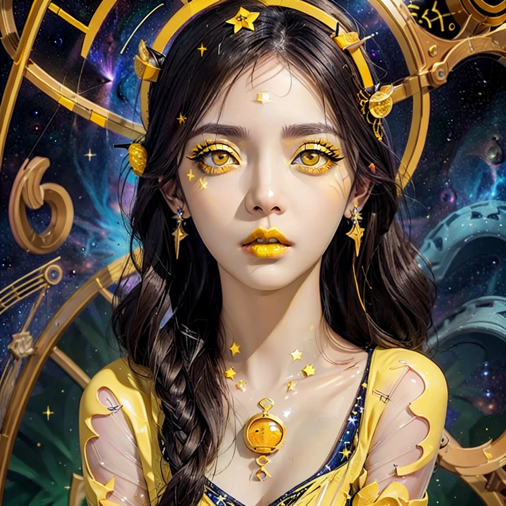 1 27-year-old girl, 1 zodiac goddess from the future, goddess of the pink and purple 12 zodiacs, the goddess of the zodiac in a yellow ao dai, a 12 zodiac ao dai with many black lace detail, mythology Goddess of the 12 zodiacs from the future, zodiac ♏, luxurious glittering zodiac style, dark and mysterious version, zodiac crown, lipstick lips red, thin and beautiful lips, mouth closed, characters made by karol bak and pino daeni, intricate detail, detailed background, extremely detailed, light magic, a woman, clear face, hair long with bangs, beautiful face in detail and well-proportioned eyes, (transparent yellow eyes: 1.8), big round eyes and very beautiful and detailed makeup, foresight, silk dress, mysterious makeup , double bangs and dyed light blonde , upper half portrait, zodiac goddess portrait, arms hanging loosely, Realistic and vivid photo, (stars make up the zodiac: 1.7), (sky background zodiac and fictitious space and time portal: 1.8), fiction art, RAW photo, hanfu picture, best photo, best photo quality, 8k quality, 8k ultra, super realistic, real photo most economical, the goddess poses sexy and seductive,