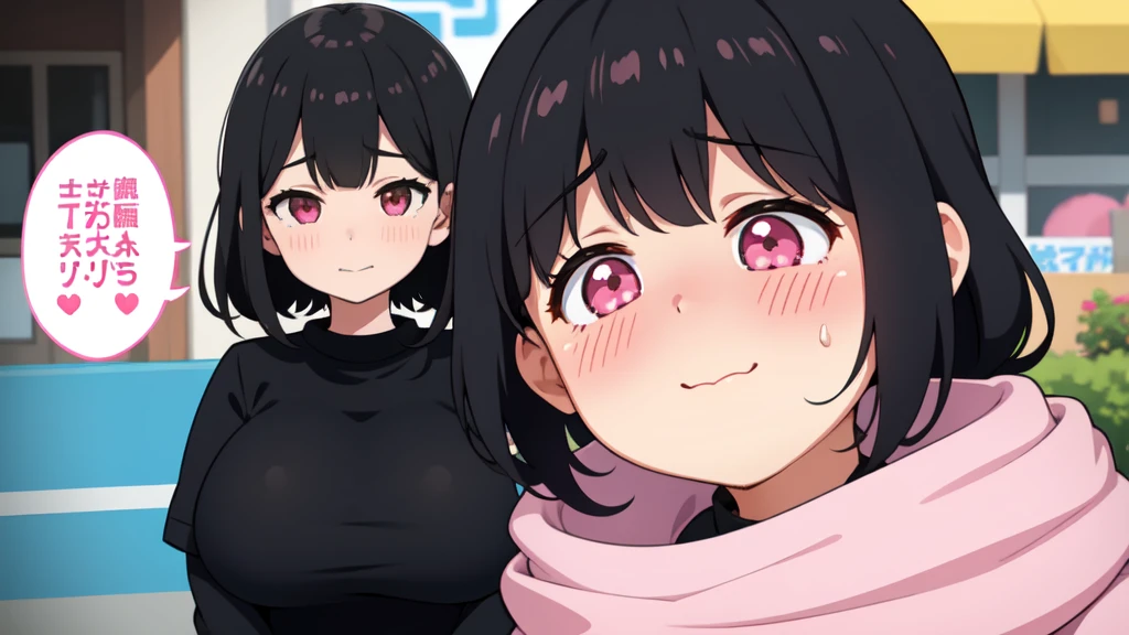 One girl,Black Hair,Pink eyes,(blush:1.1)、Embarrassed face、 ((Heavy breathing:1.3)), like, smile、Big Breasts、whole body,I'm eating ice cream