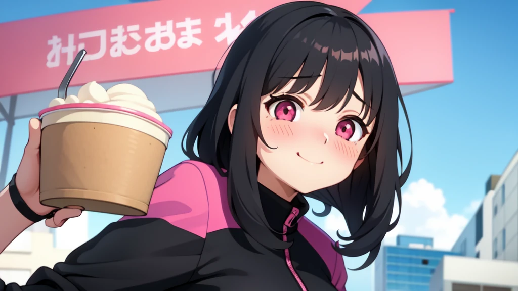 One girl,Black Hair,Pink eyes,(blush:1.1)、Embarrassed face、 ((Heavy breathing:1.3)), like,  smile、Big Breasts、whole body,I'm eating ice cream,Sexy pose