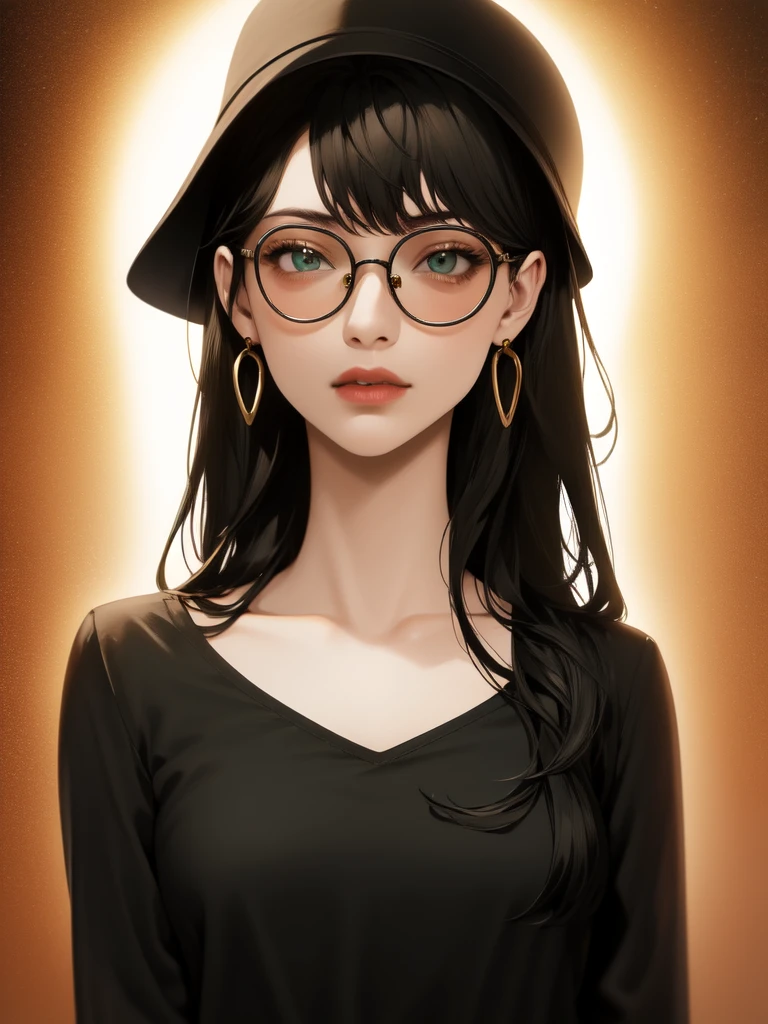 a young woman with long black hair, green eyes, round glasses, black hat with golden detail, gold hoop earrings, detailed facial features, elegant, portrait, cinematic lighting, dramatic colors, highly detailed, 4k, photorealistic, digital painting