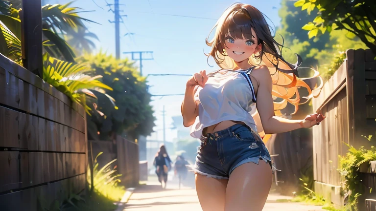 ((1 girl)), Latest trends in clothing, cheerful grin, animated expressions, Sportswear, shorts,blackstockings, racing, Garden ,((very detailled,highest quallity, high resolution, 8 k wallpaper, pretty clothing,)),(hair orange, Hair to the shoulders, juvenile,bouncy hair, ((asymmetrical bangs)) ,(shining blue eyes),ombre, eyeliner,glowing eye, very detailledな目, complex eyes, gorgeous eyes, 輝くBright blue eyes 17 year old