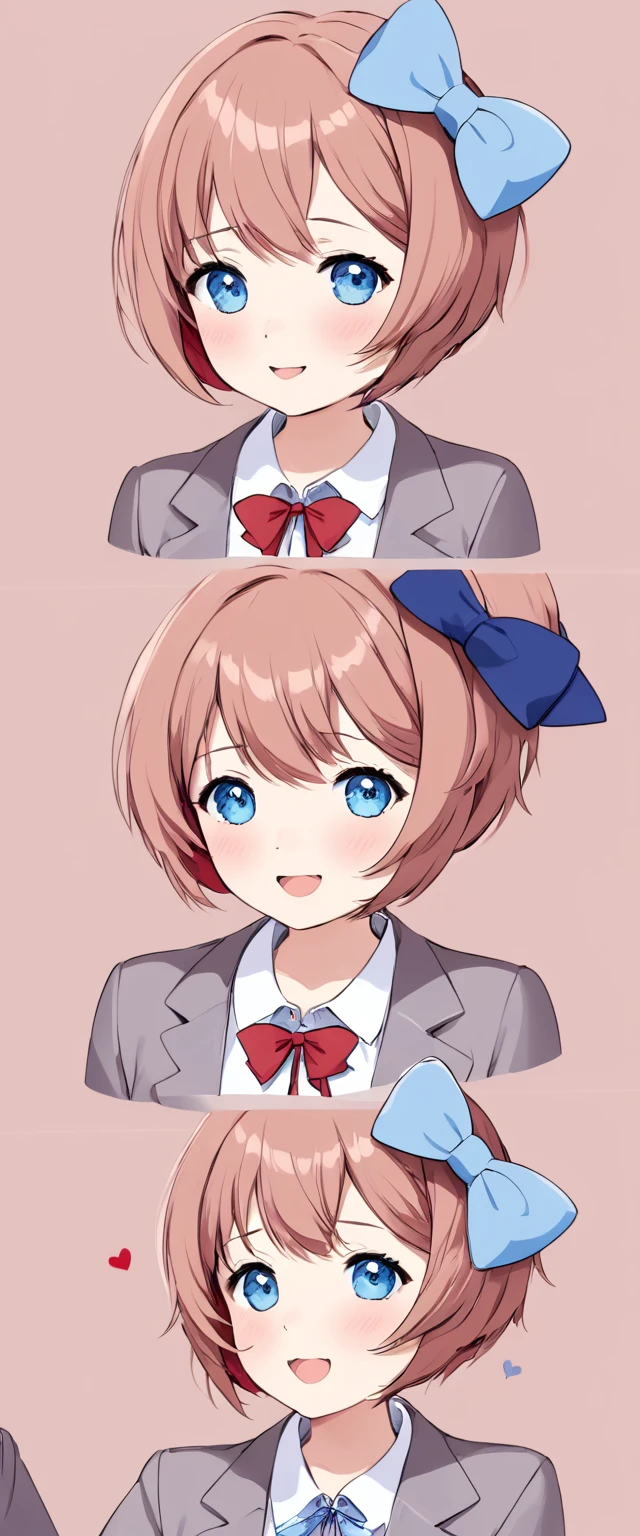 one girl, lovely, blazer, Sayori, my childhood friend, cute, short hair, blush, light blue eyes, hair bow, I stroke her head, look at me, my hand on her head, love me, happy