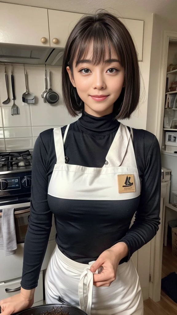 Browsing Caution:1.1、Active women, smile、Age: 40 years old, Mature Woman, Bake cookies in a sunny kitchen, Surrounded by flour, Stir the bowl,Japanese、Black long sleeve turtleneck、Huge breasts 、short hair、Black-haired、Wearing a white apron、、((Super tight clothes))、(blunt bangs)