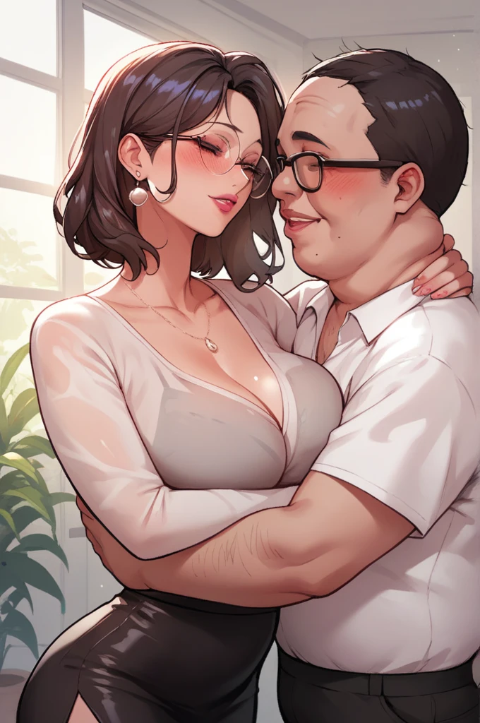 Hot sexy beautiful cute milf hugging with ugly fat old man in office cabin ,brown see through t shirt,black pencil skirt, silver chandelier earrings,big breasts,  lipstick,makeup, black,two falling hair strands,blush,short hair , glasses 