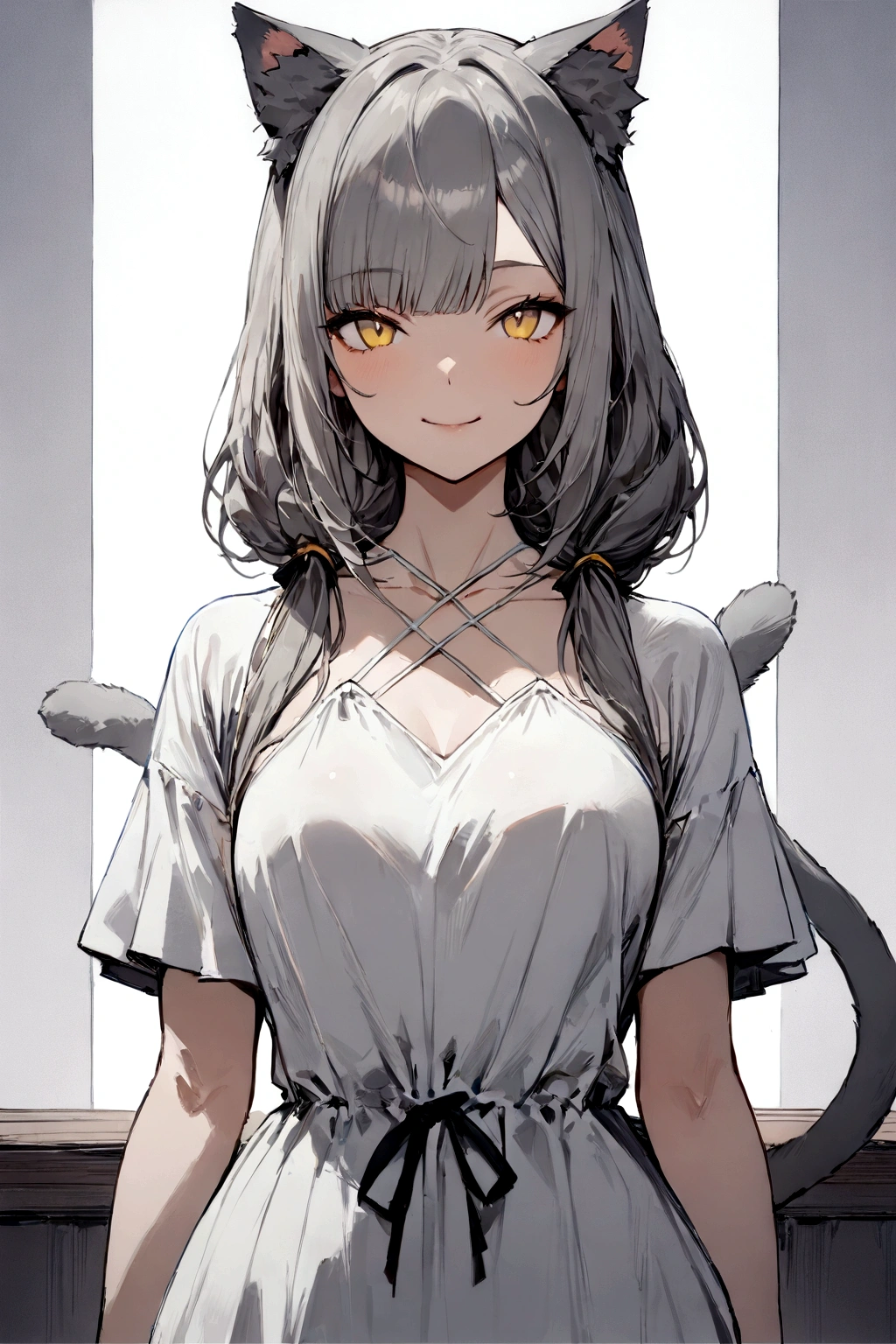 ((masterpiece)), ((best quality)), (from front, facing front:1.32), (close-up:1.2), (half-body shot:1.36), (side bangs hairstyle), perfect anatomy, 1girl, solo, adult cat girl, long gray straight hair, yellow round eyes, gray cat ears, a gray fluffy cat tail, short-sleeved loose white dress, smiling, looking at viewers