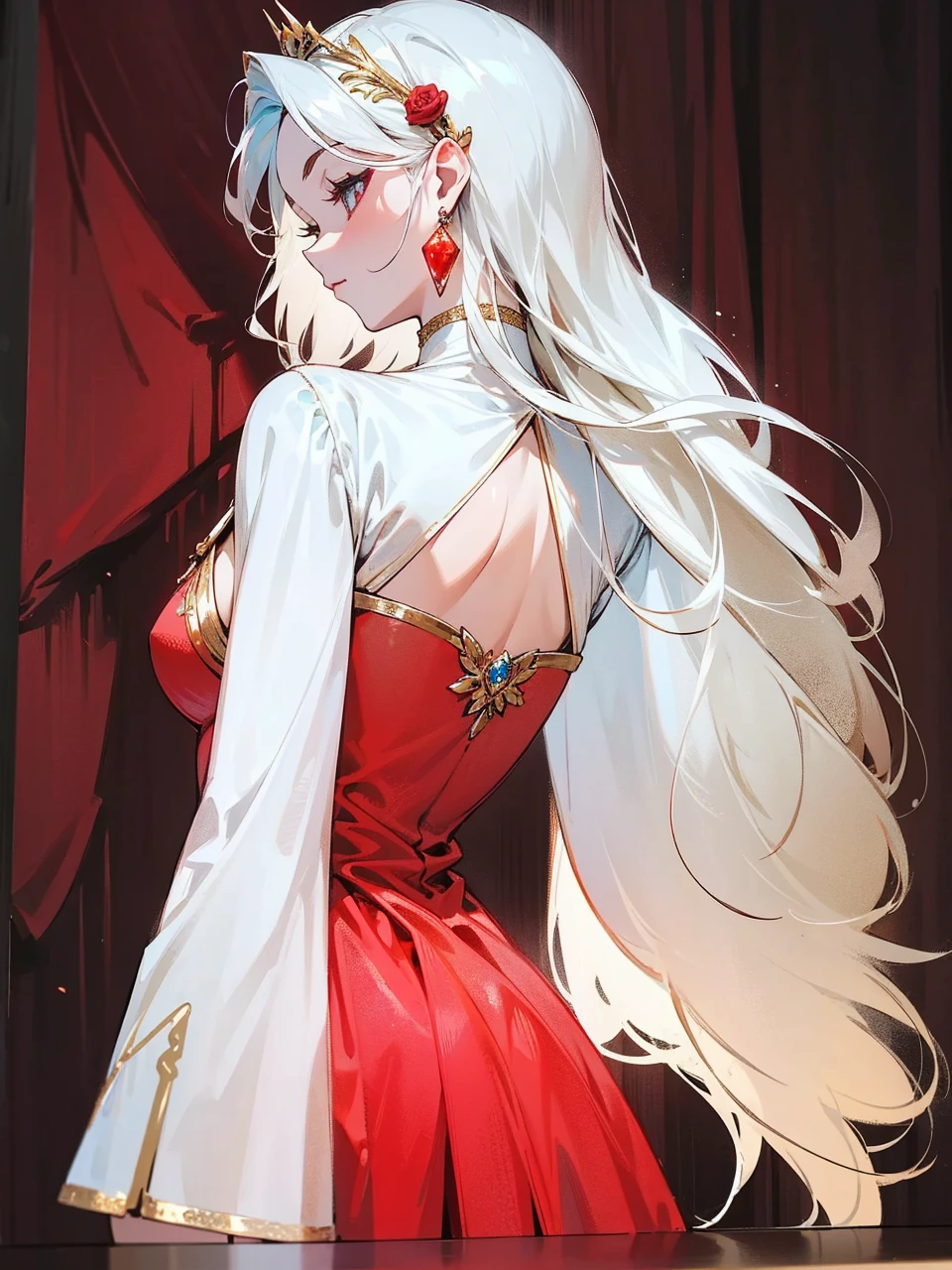 Add in roses to her dress, a good back dress design with some golden jewelry, make her dress into a red and white gown with a hat, give her some unique Jewelry, and make her look somewhat of a demonic angel like appearance to her