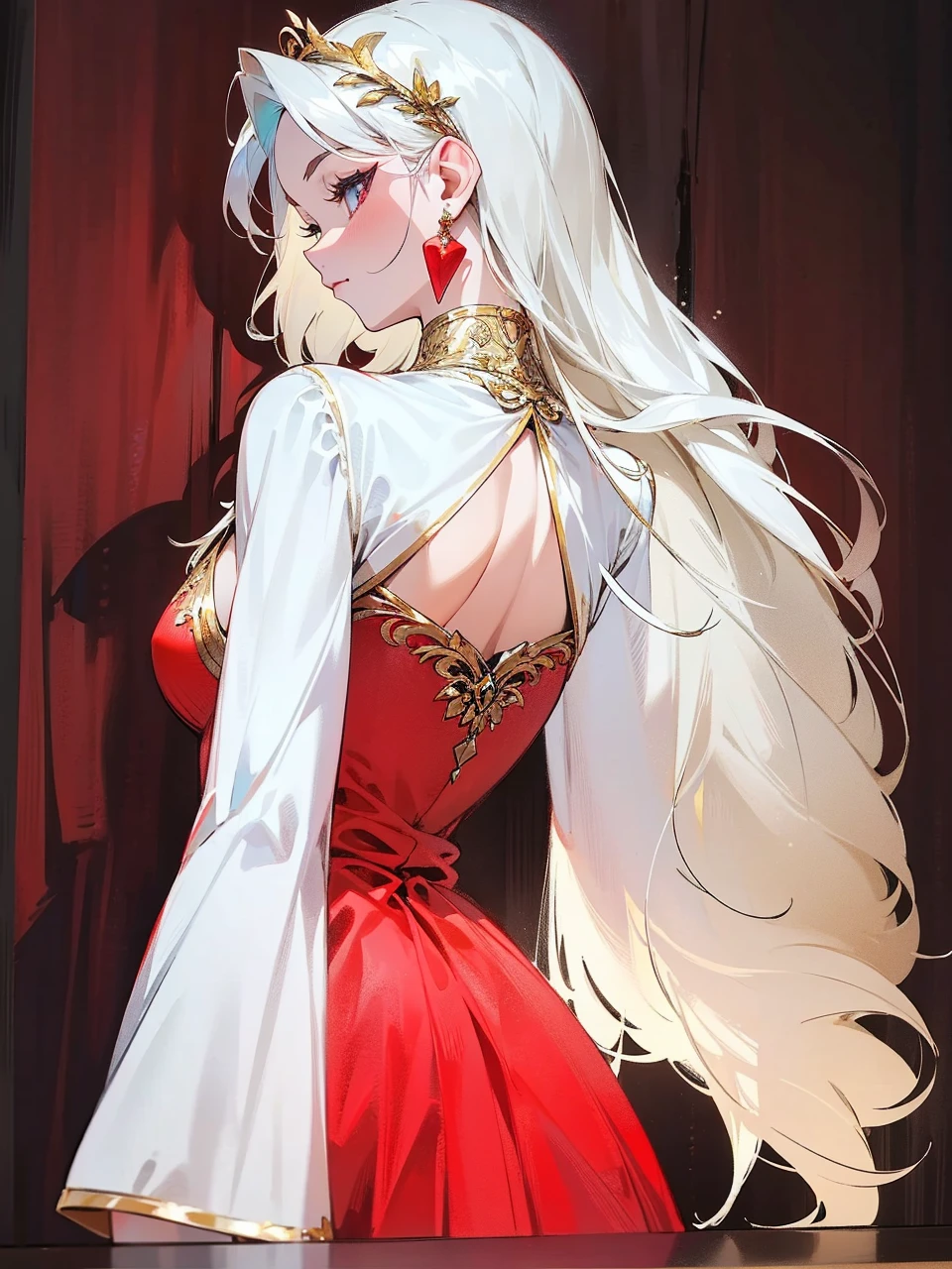 Add in roses to her dress, a good back dress design with some golden jewelry, make her dress into a red and white gown with a hat, give her some unique Jewelry, and make her look somewhat of a demonic angel like appearance to her