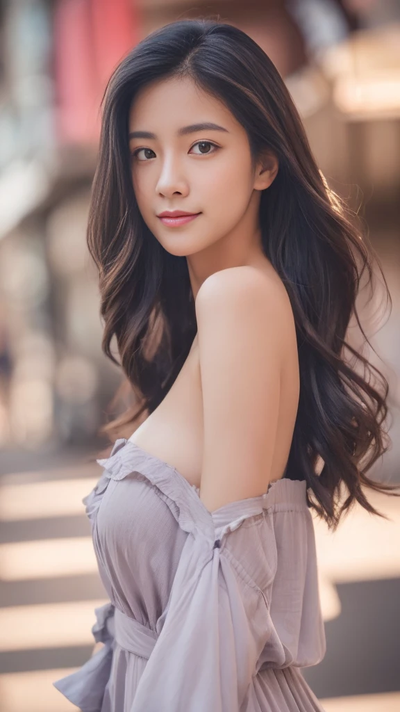 randome pose, mix4, (8K, Raw photography, top-quality, masterpiece: 1.45), (realisitic, Photorealsitic: 1.37), one girls, cute little, A smile、Cityscape, natta, profetional lighting, cafes,street,photon maping, Radio City, physically-based renderingt, Gradient black hair, white hair, Semi-long loose hair, a handsome, girl with, large full breasts,Dress-off shoulder, top quality photo, hight resolution, 1080p, (clearface), (Detailed face description), (Detailed hand description), (masterpiece), realisticlying, extreme light and shadows, dishevled hair, masterpiece, lush detail, (Fine facial features), (Highest Quality Photos), (masterpiece), (finely eye), dual、Look in front of you, Fine clavicle,Emphasis on the armpits、Show lower milk