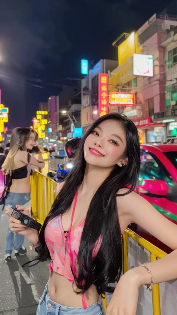 woman standing on a city street at night with a mini camera, Mischievous grin, at night with neon lights, asian girl with long hair, neon lights in the background, neon city in the background, 8k selfie photograph