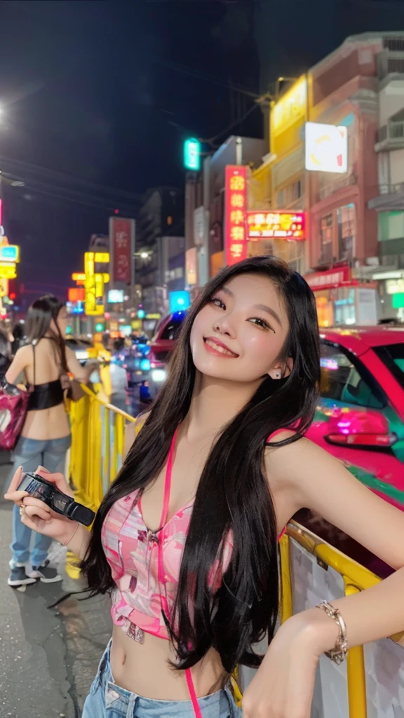 woman standing on a city street at night with a mini camera, Mischievous grin, at night with neon lights, asian girl with long hair, neon lights in the background, neon city in the background, 8k selfie photograph